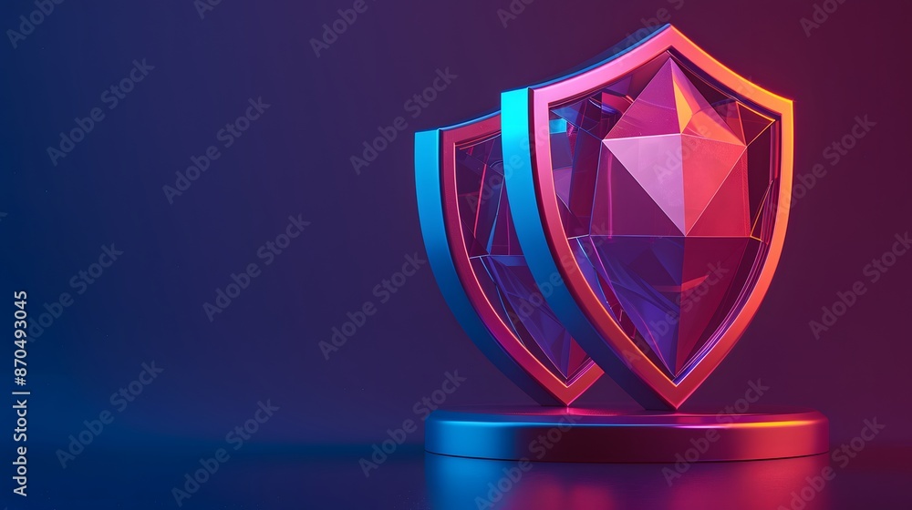 Poster 3d rendering of two overlapping shields in a futuristic design, symbolizing protection, security, an