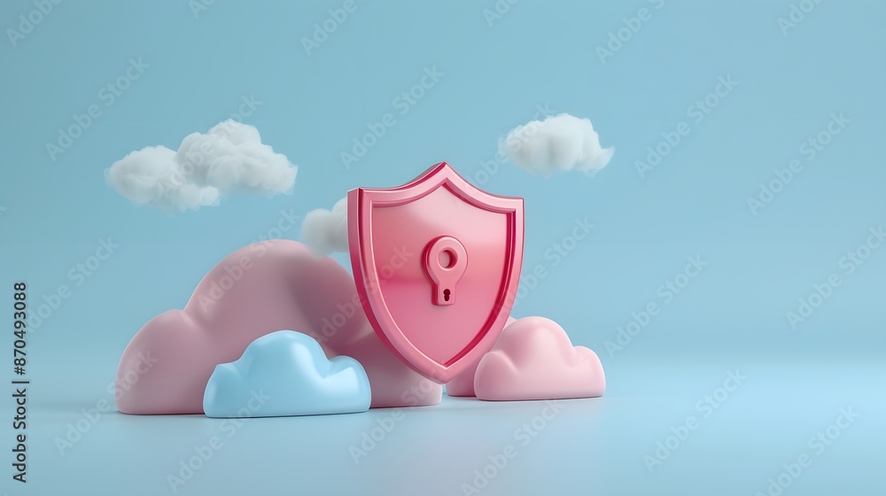 Poster 3d security shield with keyhole on pastel-colored clouds symbolizing data protection and cloud secur