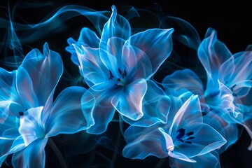 dreamy flowers motion blur isolated on black, neon blue and black colors, abstract art, photography realistic, light painting