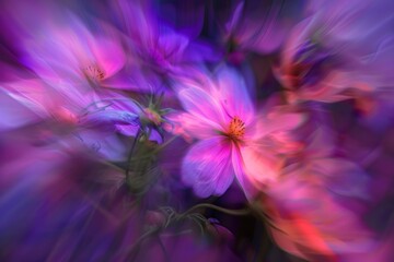 dreamy flowers motion blur, neon purple colors, abstract art, photography realistic copy space