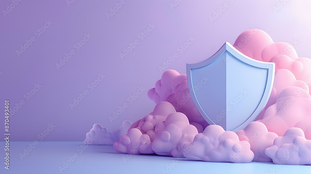 Poster 3d-rendered shield surrounded by colorful clouds, representing security and protection in a soft, pa