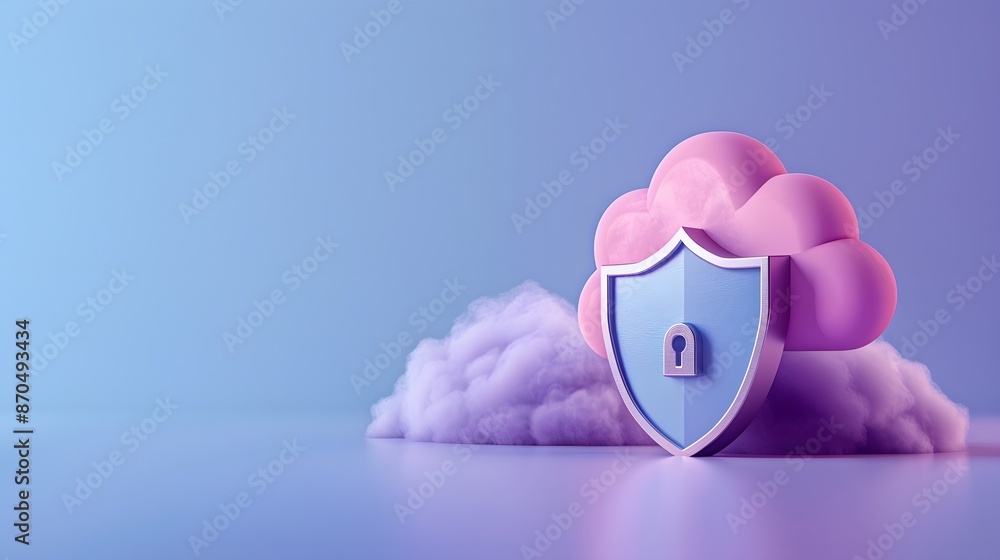 Poster a conceptual image depicting cloud security with a pink cloud and a blue shield symbolizing data pro