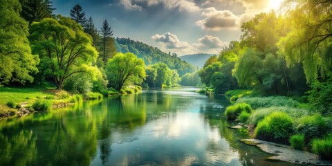Fototapeta premium Serene landscape with lush greenery and flowing river, nature, scenery, outdoors, peaceful, tranquil, picturesque, green