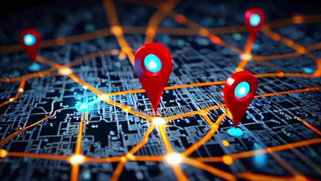 A digital map with red and blue location markers.