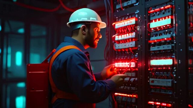A man wearing a hard hat and safety vest is working on a server rack.