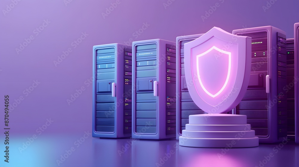 Poster a futuristic data center with a glowing shield icon symbolizing cybersecurity, data protection, and 