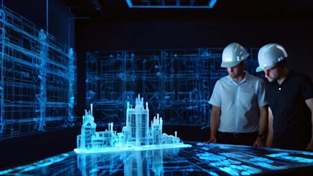 Two people wearing hard hats are looking at a video hologram of a building.
