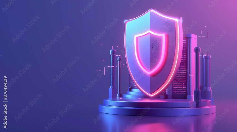 Poster a futuristic digital shield symbolizes cybersecurity protection over computer servers in vibrant neo