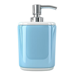 Obraz premium Modern blue soap dispenser with a sleek design and metallic pump, ideal for bathrooms and kitchens. Isolated on white background.