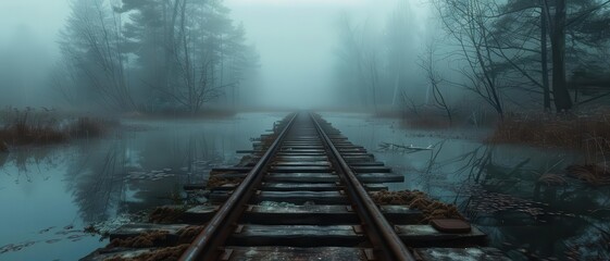 Railway tracks through a foggy swamp with eerie trees and still water
