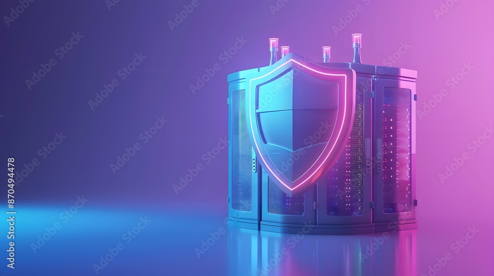 Aufkleber a glowing shield emblem protecting a network server in a futuristic digital security environment wit