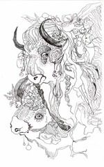 Line drawing for coloring book 2 bison head illustration hand drawn isolated white background black white outline wild animals cute bulls flowers  graphics monochrome composition bizon cartoon © an