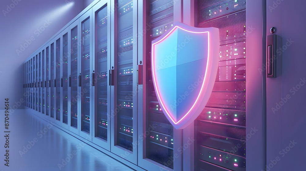 Poster a modern server room with rows of server racks and a digital shield symbol representing data securit