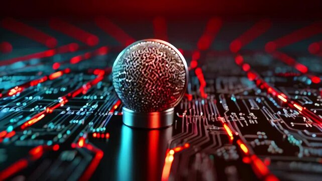 A microphone sits on a circuit board with red lighting.