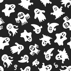 Seamless vector pattern for Halloween design. Halloween symbols ghost in cartoon style. Vector Illustration