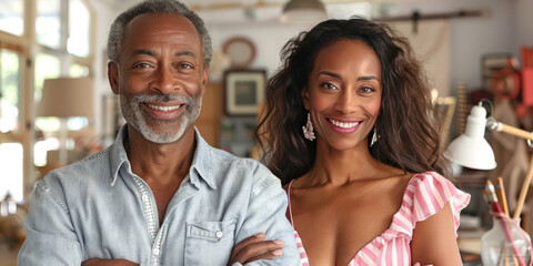 Portrait of happy multi ethnic business couple posing with arms crossed