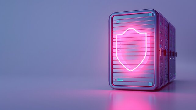 A secure server with a glowing neon shield symbolizing protection, cybersecurity, and data safety in a modern, minimalistic design.