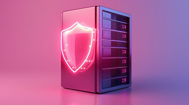 A secure server with a neon pink shield icon, representing cybersecurity and data protection, set against a purple background.