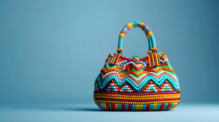 Trendy beaded handbag on flat color background with copy space. Female designer handmade beaded bag.