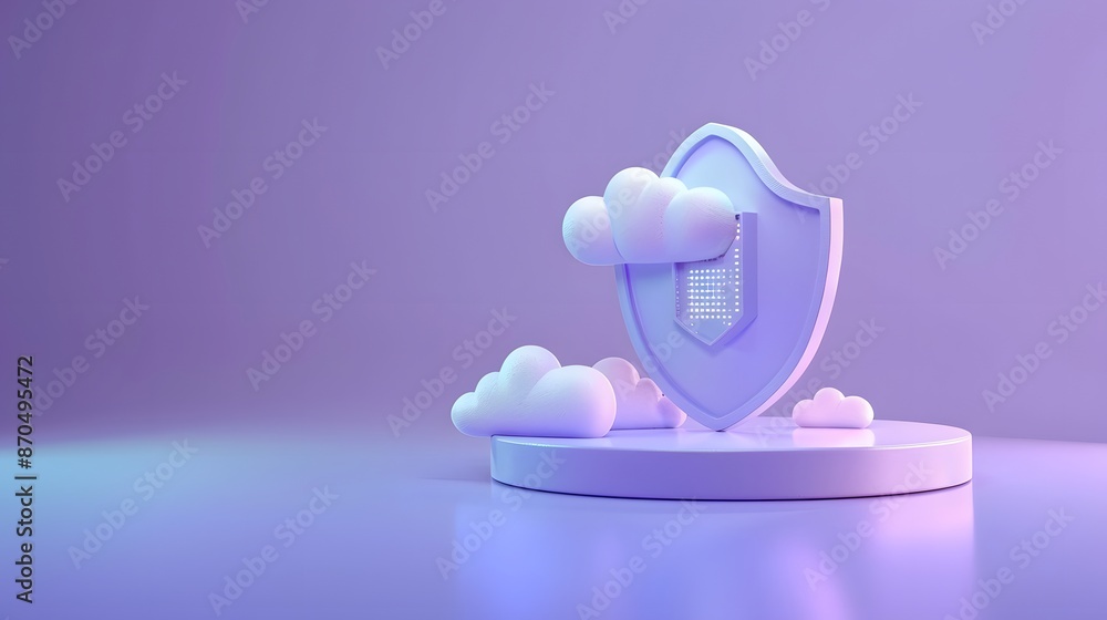 Poster abstract 3d render of a security shield with clouds, symbolizing cloud security and cybersecurity in