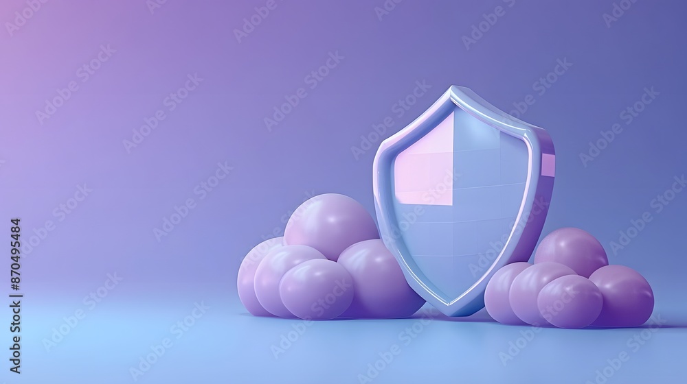 Poster abstract 3d rendering of a shield among clouds against a gradient background, symbolizing cloud secu