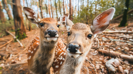Obraz premium best friends animals taking selfie shots at the forest.Generative AI