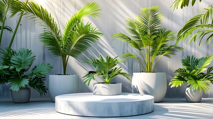 Fototapeta premium Modern Stone Podium: Cozy Gray Scene with Palm and Flowerpot for New Product Showcase