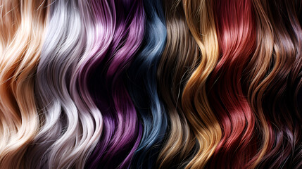 A vibrant array of hair strands, each displaying a distinct color ranging from light blonde to deep purple. The hair strands are laid out side by side, creating a pattern that emphasizes the richness 