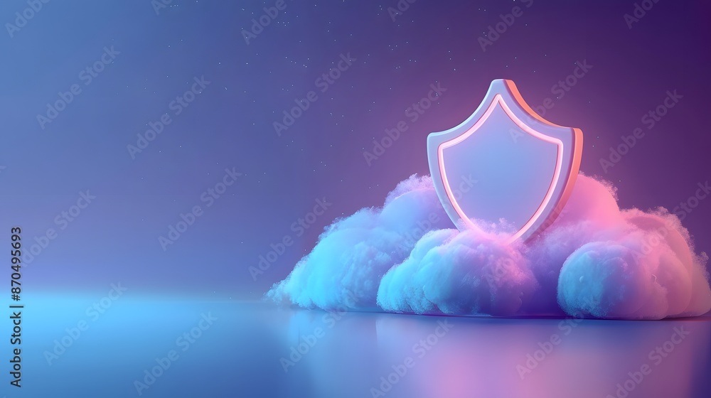 Poster abstract glowing shield on cloud background symbolizing data protection, cloud security, and cyberse
