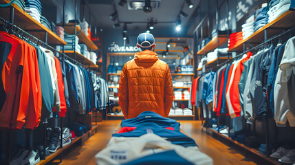 Trendy sports clothes apparel collection showcased in a sports store setup