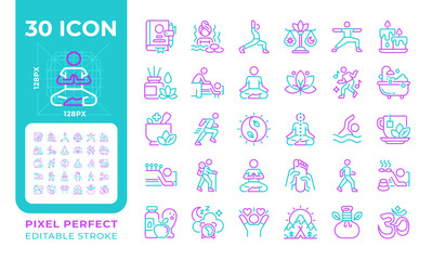 Meditation and wellness two color line icons set. Spiritual practices. Healthy lifestyle. Self-care bicolor outline iconset isolated. Duotone pictograms thin linear. Editable stroke