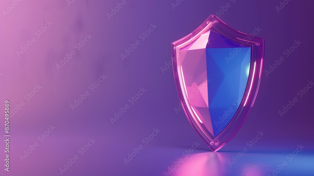 Poster abstract shield with glowing reflections in a purple and blue gradient background symbolizing protec