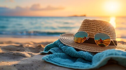Summer Essentials: Closeup of Sunglasses, Straw Hat, and Towel on Beach