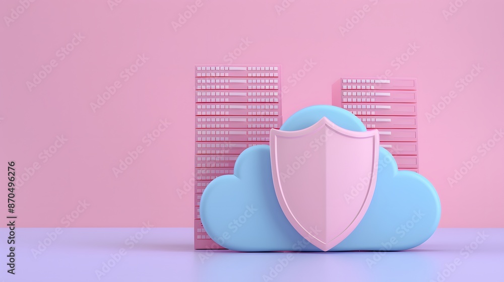 Poster cloud computing security concept with a shield symbolizing protection and server stacks in a pastel-