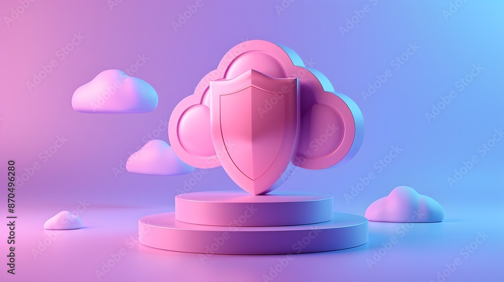 Poster cloud computing security concept with shield symbol and floating clouds. abstract background in pink