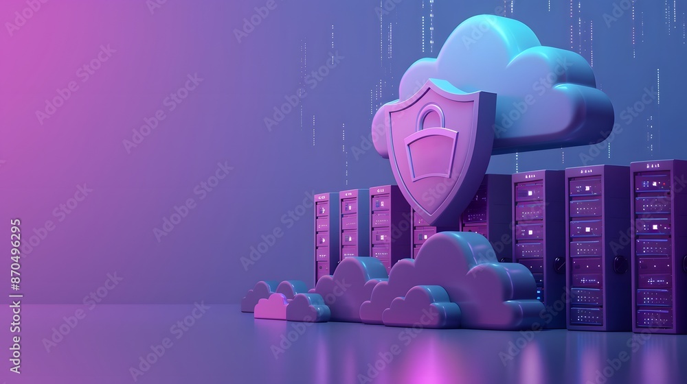 Poster cloud data security concept with server stacks and security shield in futuristic pink and blue color