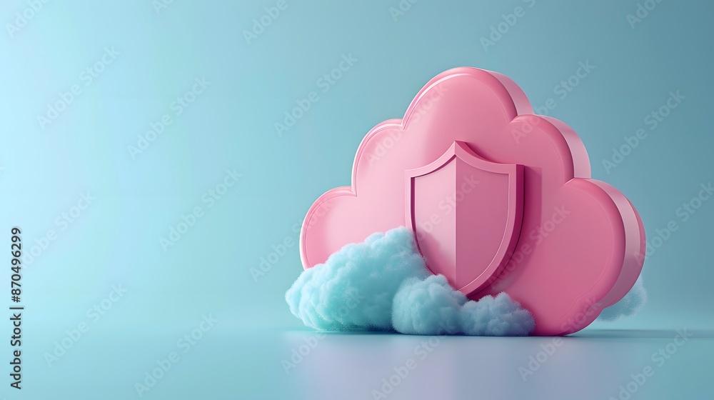 Poster cloud security concept image featuring a pink cloud with a shield, symbolizing protection and safety