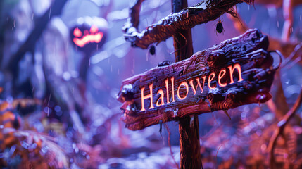 Creative neon halloween wooden sign board In dark Forest, concept of halloween celebration.Generative AI