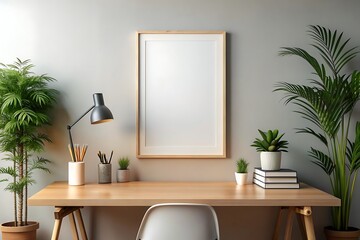 Minimalist Home Office Desk with Wooden Frame and White Chair.