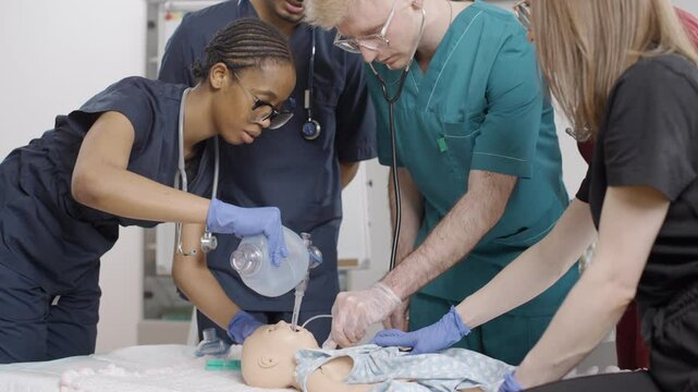 First aid training: infant bag valve mask resuscitation in clinic on a baby