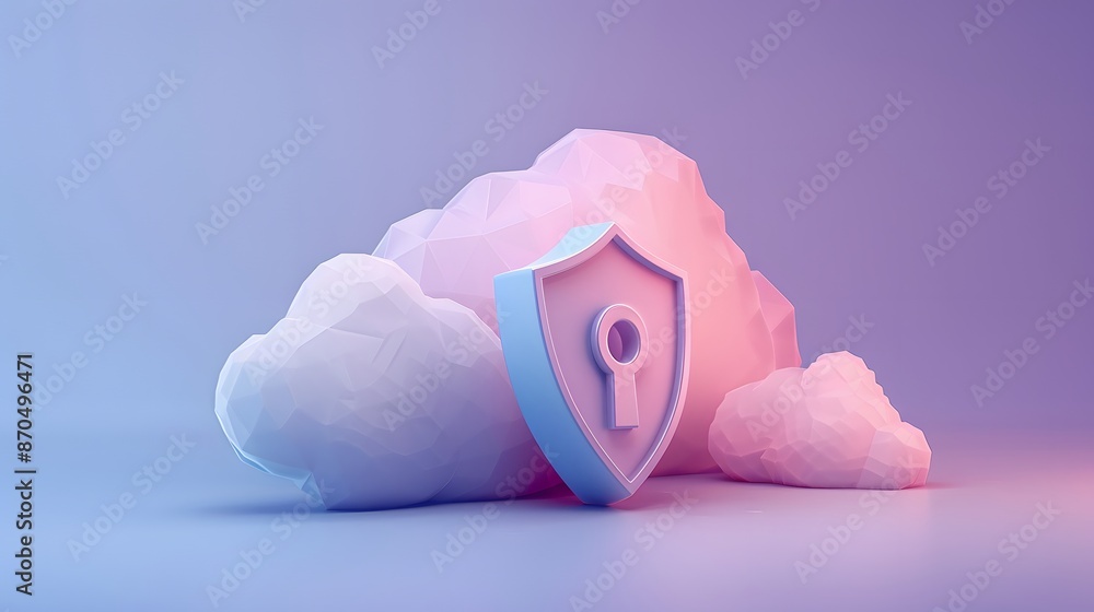 Poster cloud security representation with shield and pastel-colored clouds, symbolizing data protection and