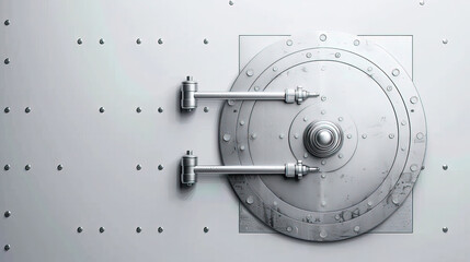 Realistic closed bank vault door on a white background, with a metallic design and copy space. 3D rendering of a safe lock for money and weapon protection concept. High resolution image