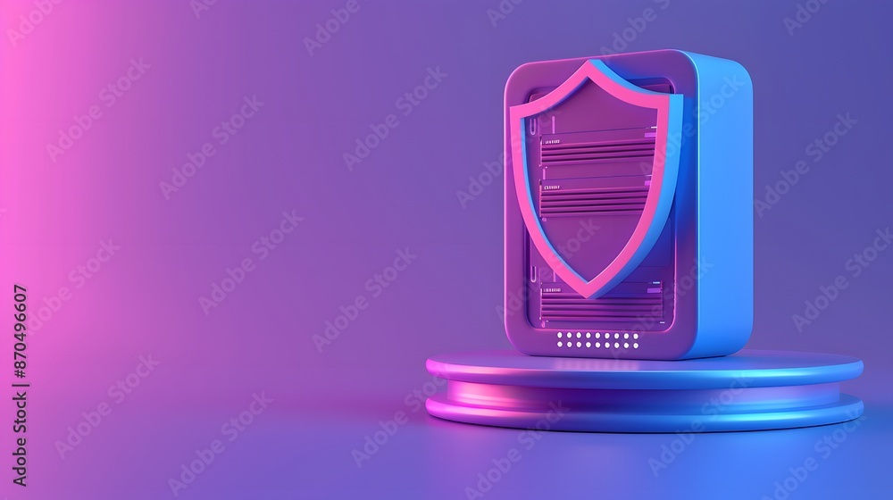 Poster colorful 3d illustration of secure server technology with shield symbol, representing cybersecurity 