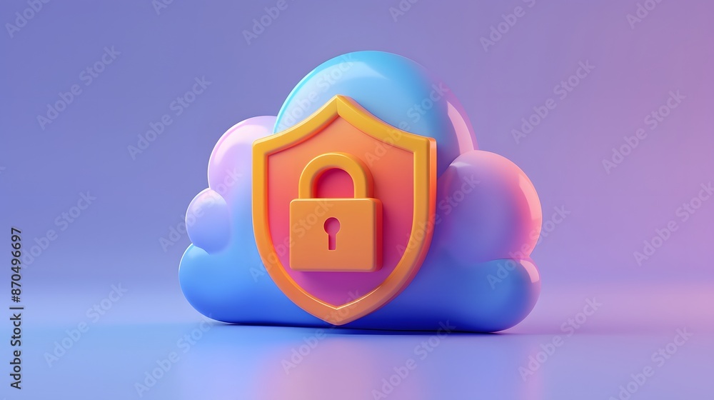 Poster colorful cloud with a shield and padlock symbolizing cloud security and data protection against cybe