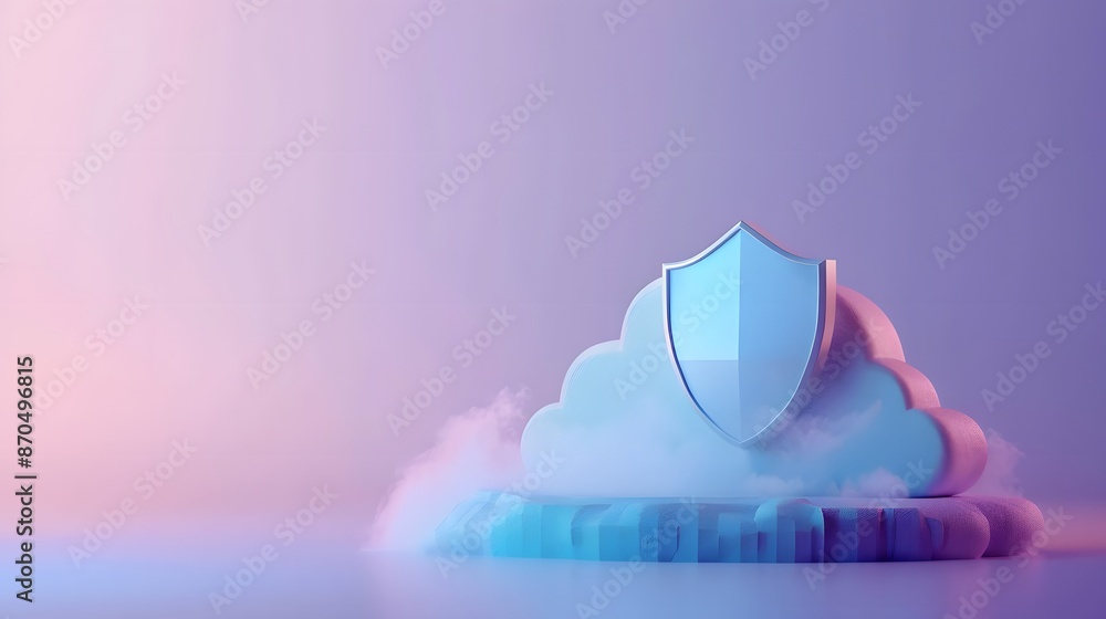 Poster concept of cloud security protection. 3d render of shield and cloud on pastel gradient background, s