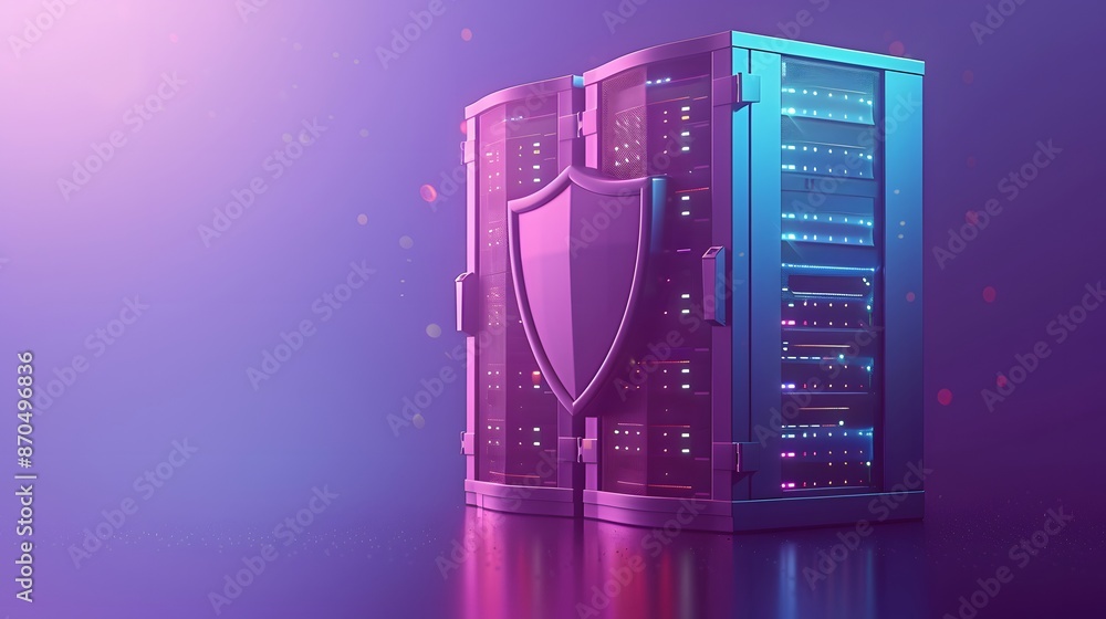 Poster concept of server protection and data security. a server rack with a shield, symbolizing data securi
