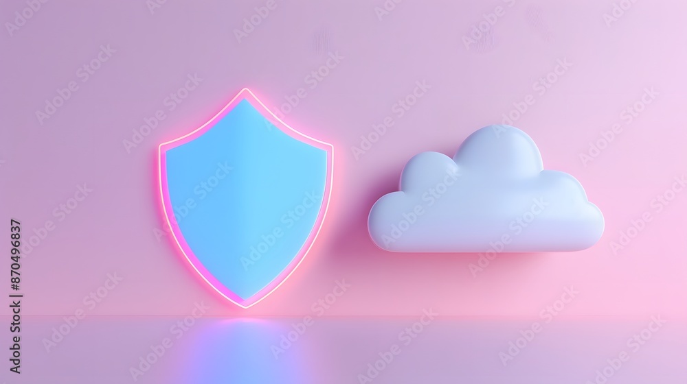 Poster conceptual image of a glowing shield next to a cloud on a pink background representing cloud securit
