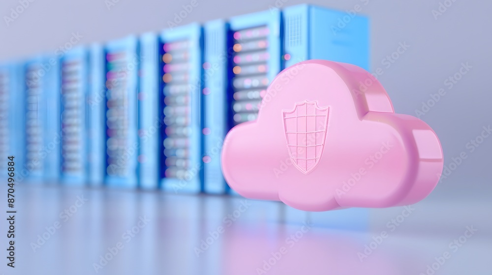 Poster conceptual image of cloud computing technology with a pink cloud icon in front of blue server racks,
