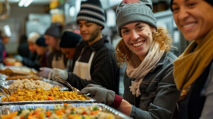 Volunteers distribute food to poor people in the open air. in honor of Thanksgiving at your local community center