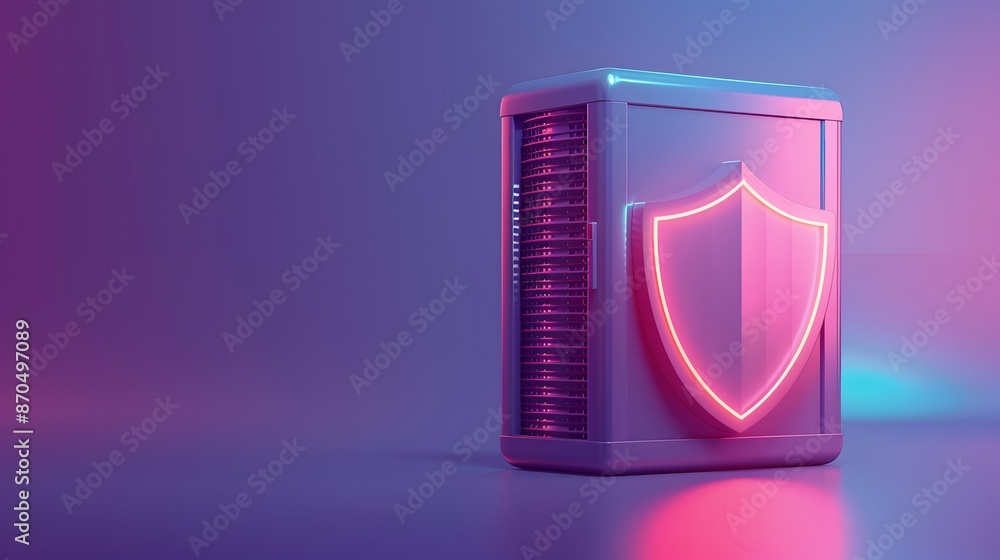 Aufkleber cybersecurity concept with a neon shield protecting a server. modern glowing technology background r